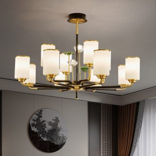 Alternative view of Đèn chùm treo trần chao thủy tinh đục trang trí kiểu dáng tân cổ điển Trung Hoa tối giản LED E27 cao cấp DTT-DC-D066